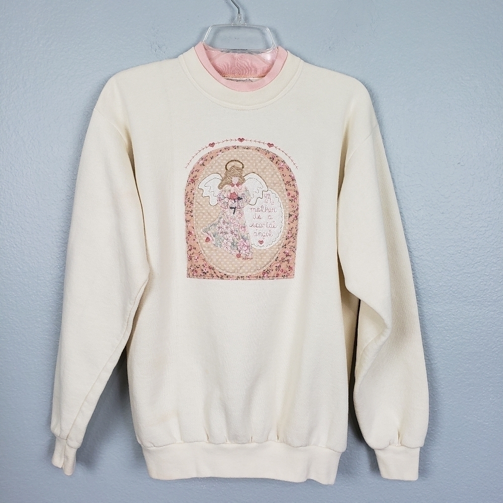 VALORIE'S FOLK ART APPLIQUE "Mother Is Special Angel" Sweatshirt Sz M Cream Pink